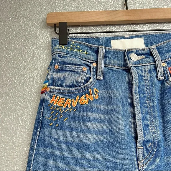 NWT MOTHER The Rambler Sneak Embroidered Straight Leg Jeans Bohemian Boho 24